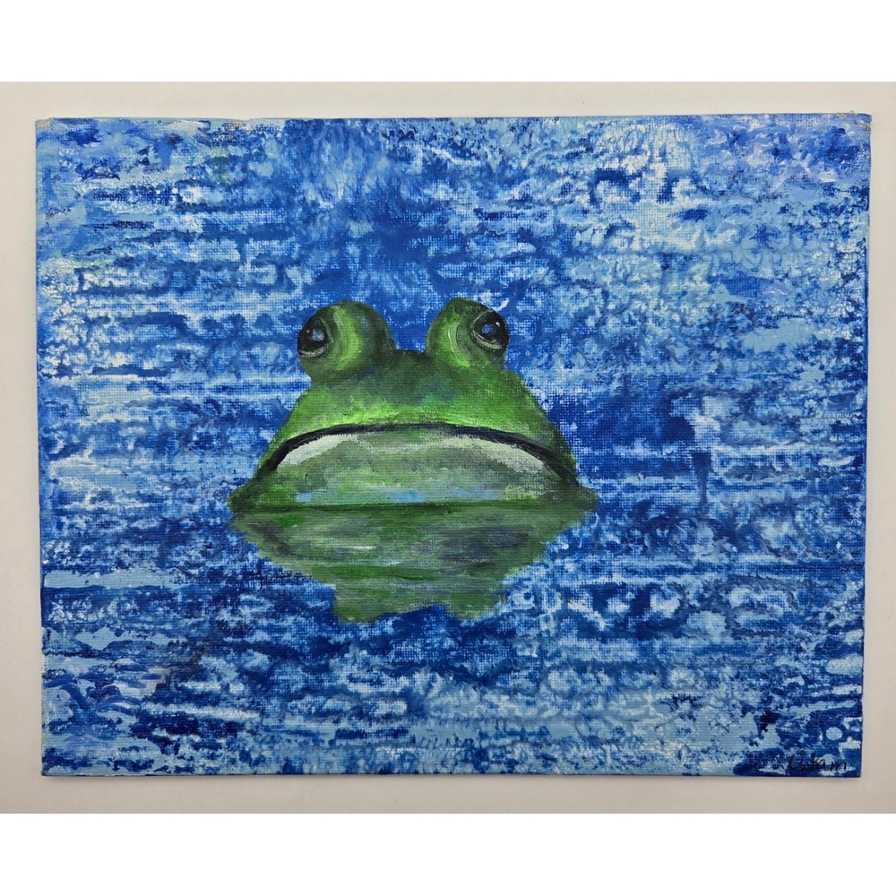 Frog Original Acrylic Painting 8x10 Canvas Board Blue Green Pond Art Signed